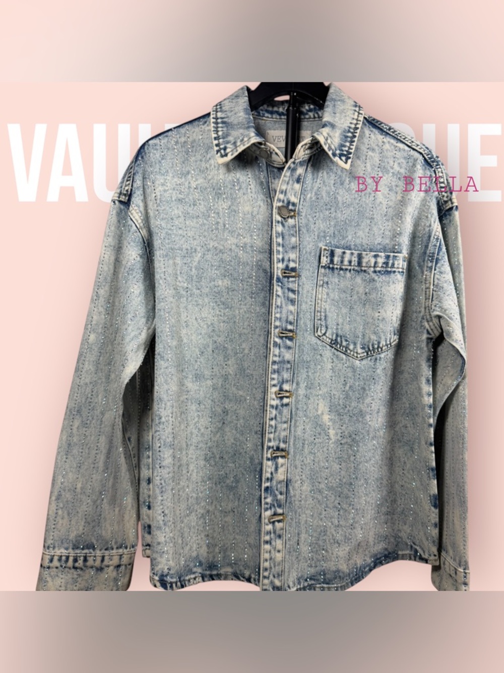 Embellished Light Wash Denim Button-Up Shirt